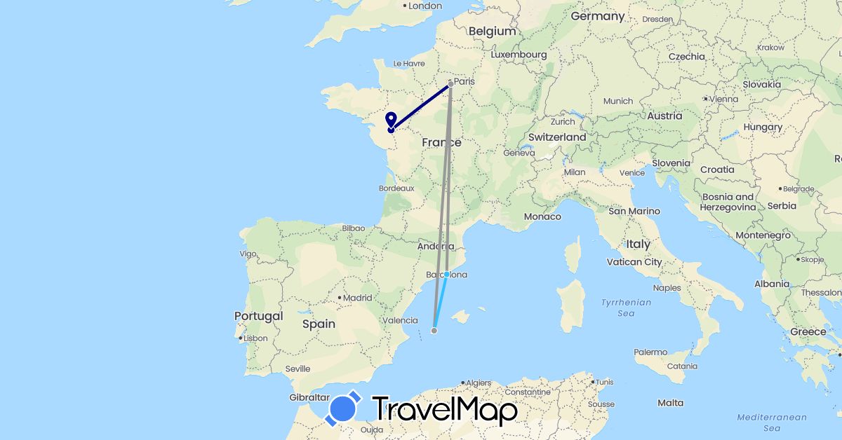 TravelMap itinerary: driving, plane, boat in Spain, France (Europe)